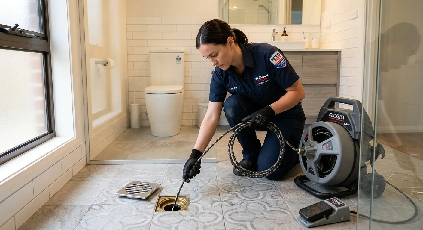 Technician clearing a bathroom floor drain for Sewer Line Replacement in Zanesville
